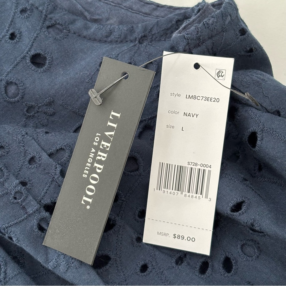 Liverpool Sleeveless Eyelet Top NWT Navy Blue Scalloped Hem Swing Silhouette L - Picture 8 of 10